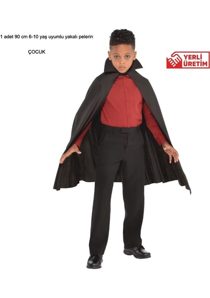 Halloween Siyah Renk 90 cm Yakalı Drakula Vampir Pelerini Çocuk Boy 6-10 Yaş