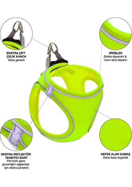 Air Mesh Kedi Köpek Göğüs Tasması Çift Reflektörlü, Terletmeyen Neon Sarı / Neon Yellow fiyatları