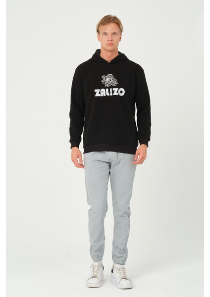 Erkek Kapüşonlu 3 Iplik Şardonlu Siyah Sweatshirt