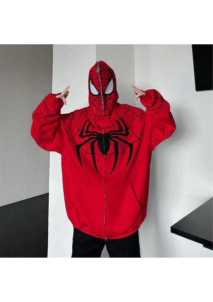 Eyon Trend Kırmızı Spider-Man Goth Fermuarlı (Unisex) Kapüşonlu