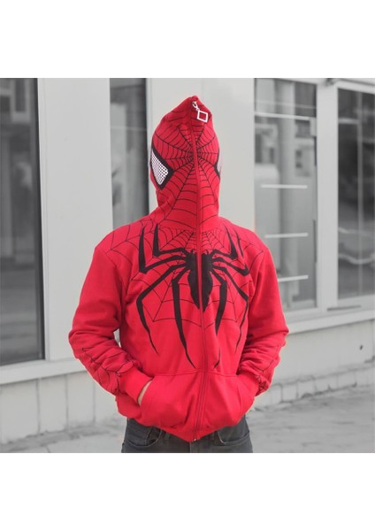 Eyon Trend Kırmızı Spider-Man Goth Fermuarlı (Unisex) Kapüşonlu