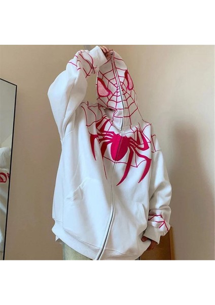 Beyaz Spider-Man Goth Fermuarlı (Unisex) Kapüşonlu