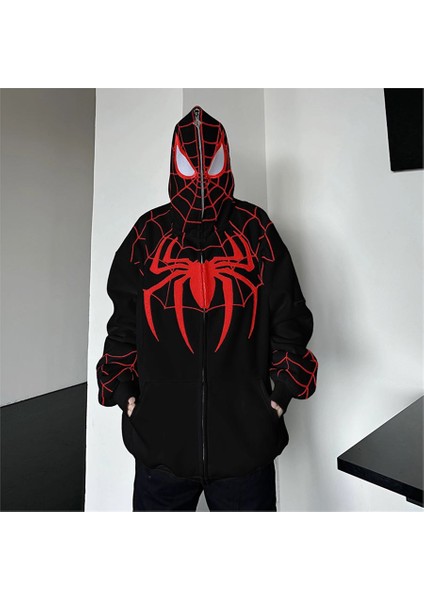 Siyah Spider-Man Goth Fermuarlı (Unisex) Kapüşonlu