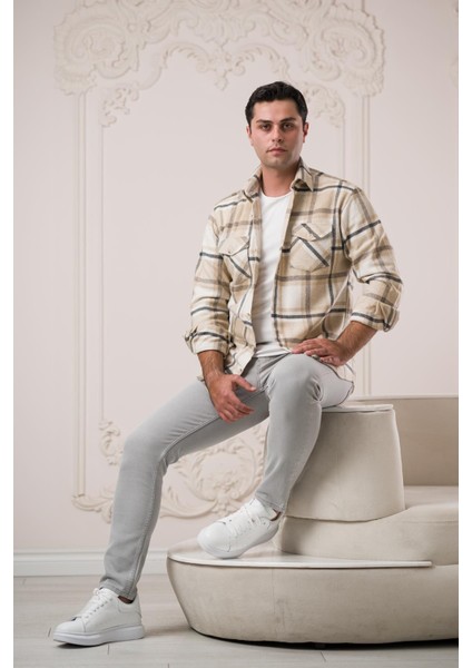 Slimfit Çift Cepli Ekoseli Pamuklu Kalın Erkek Oduncu Gömlek