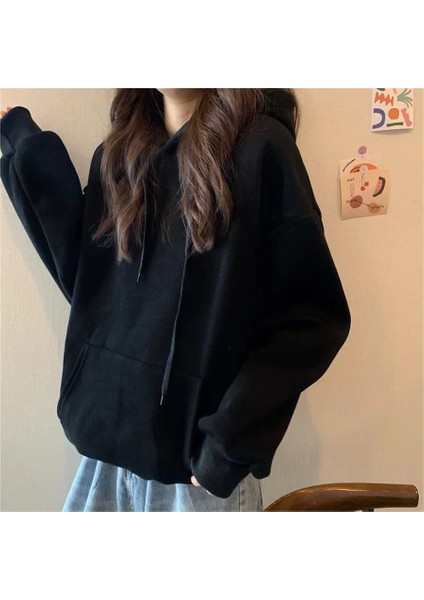 Düz Siyah Fermuarsız Kalın Kumaş (Unisex) Kapüşonlu