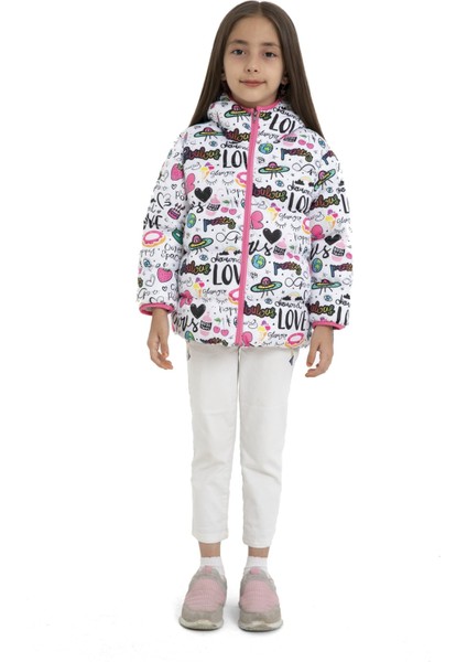 Kız Çocuk Içi Polarlı Kapüşonlu Girls Yazılı Kelebek Desenli Kışlık Şişme Mont & Kaban & Parka