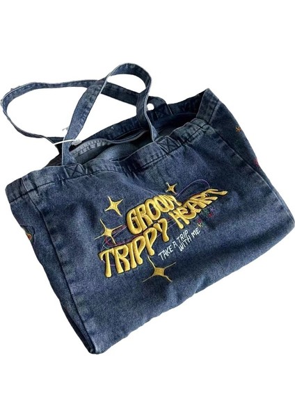 Hamblepie Denim Duman Grisi Işlemeli Gündelik Büyük Kapasiteli Fermuarlı Kanvas Çanta Alışveriş Çantası (Yurt Dışından)