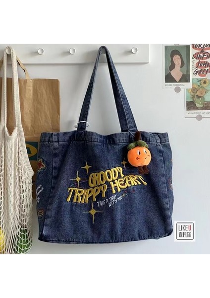 Hamblepie Denim Duman Grisi Işlemeli Gündelik Büyük Kapasiteli Fermuarlı Kanvas Çanta Alışveriş Çantası (Yurt Dışından) fiyatları