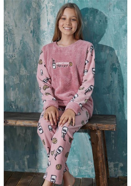 Pijama Evi Pembe Milk Desenli Kız Çocuk Peluş Pijama Takımı