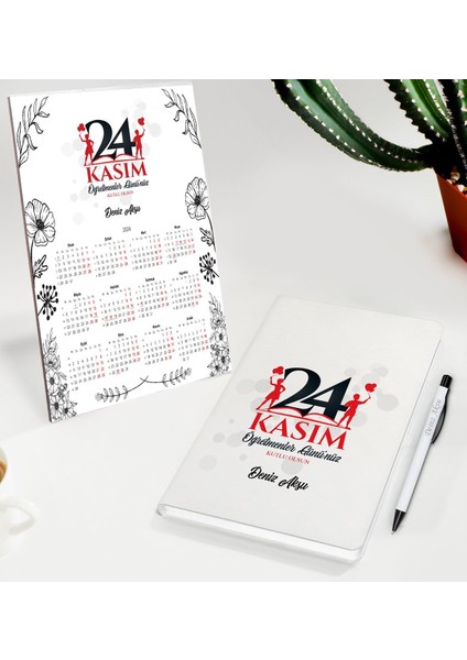 Kişiye Özel Isimli Öğretmenler Günü Tasarımlı Defter Tükenmez Kalem ve Masaüstü 2024 Takvim Hediye Seti - 7, Öğretmene Hediye, Öğretmenler Günü