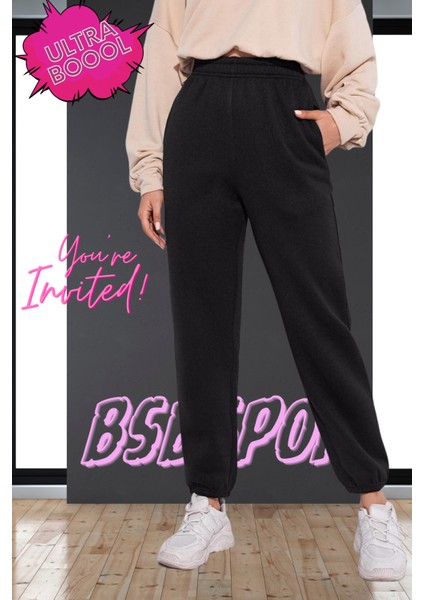 KIŞLIK İçi Polar Siyah Günlük Şık Eşofman Altı Unisex Bol Spor