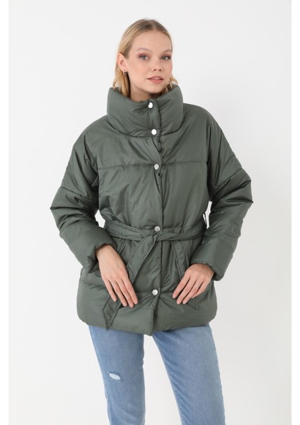 Kadın Haki Içi Dolgulu Astarlı Su Geçirmez Rüzgara Dayanıklı Oversize Bomber Mont & Kaban & Parka