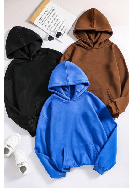 Only Trendwear Düz 3' Lü Baskısız Kapüşonlu Oversize Sweatshirt