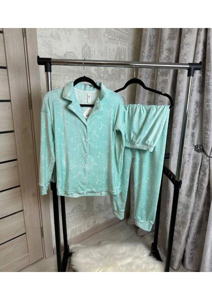 7120-28 Kadın Kadife Uzun Kollu Boydan Düğmeli Pijama Takımı