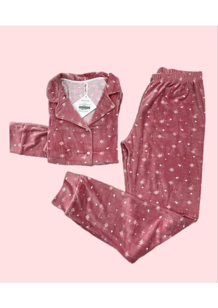 7120-29 Kadife Boydan Düğmeli Pijama Takımı