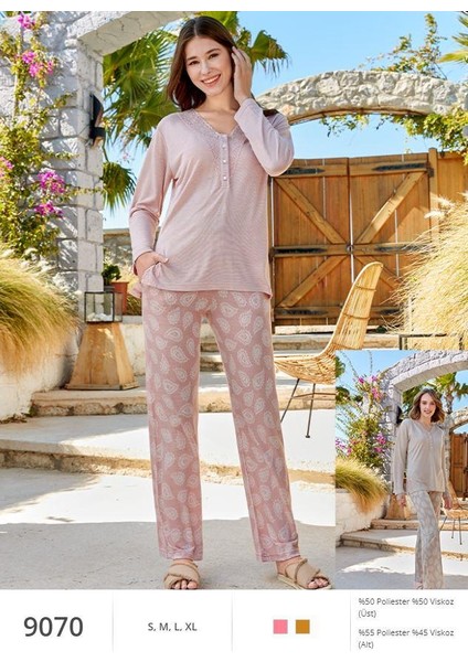 9070 Kadın Ince Uzun Kollu Pijama Takımı