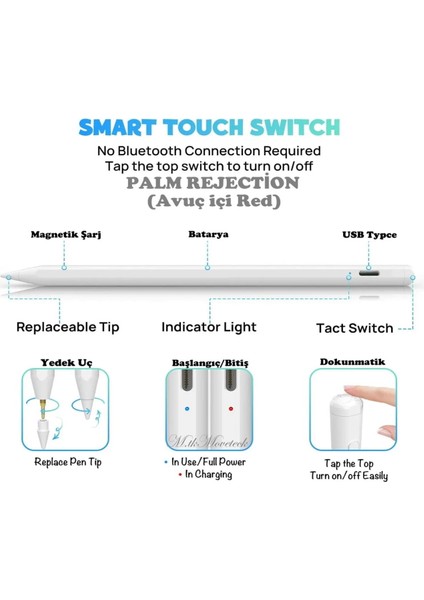 MTK Moveteck Ipad 2.nesil Kalem Ipad Pro 11/12.9, Ipad 8.9.10.nesil, Ipad Air 4/5, Mini 5/6 Magnetik Avuç Içi Red Özellikli Palm Rejection Avuç Algılamayan Pencil Stylus