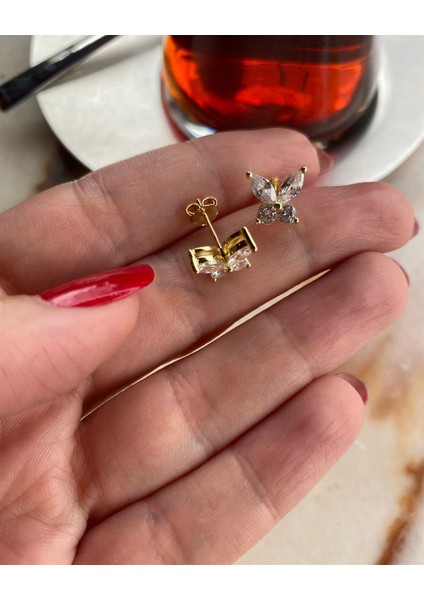 Kadın Gümüş Ithal Gold Vidalı Küpe 5349