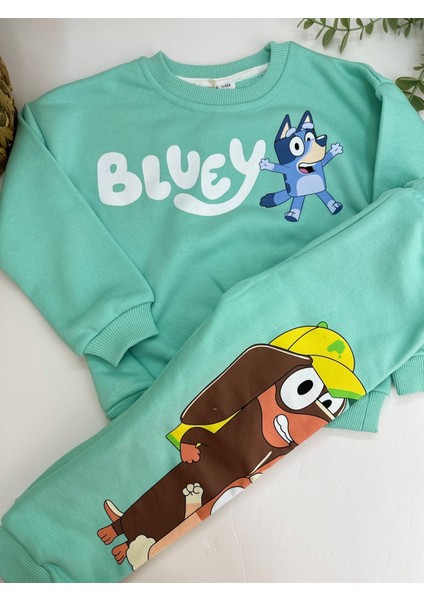 Bluey Ön Arka Baskılı Su Yeşili Rengi Erkek Takım