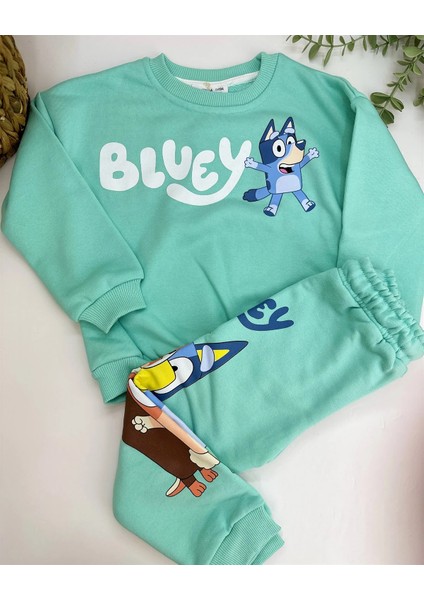 Bluey Ön Arka Baskılı Su Yeşili Rengi Erkek Takım