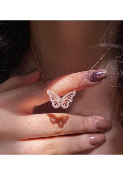 925 Ayar Gümüş Rose Kaplama, Zirkon Taşlı Diaethria Kelebek Kolye – Özel Tasarım Takı