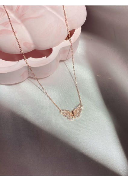 925 Ayar Gümüş Rose Kaplama, Zirkon Taşlı Diaethria Kelebek Kolye – Özel Tasarım Takı fiyatları