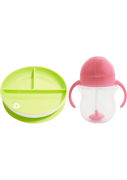Sabit Vakumlu Beslenme Tabağı &tıklama Uçlu Pipetli Alıştırma Bardağı 6AY+ Yeşil&pembe 2'li Paket
