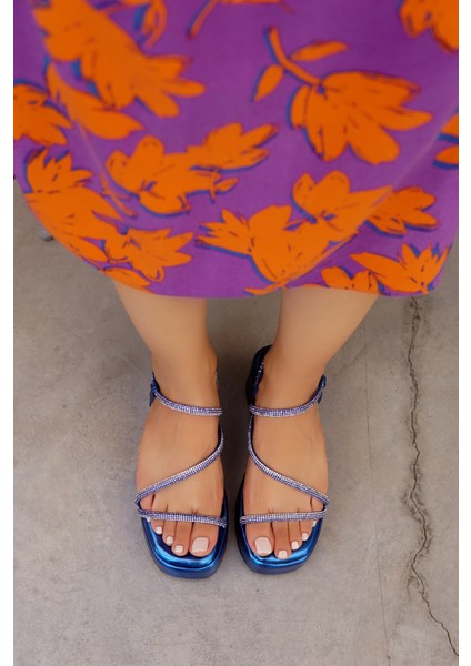 Stylish Saks-Mavisi Taş Detaylı Kadın Sandalet