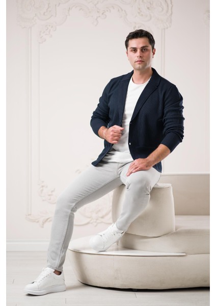 Regular Fit Torba Cepli Çizgili Düğmeli Erkek Triko Hırka