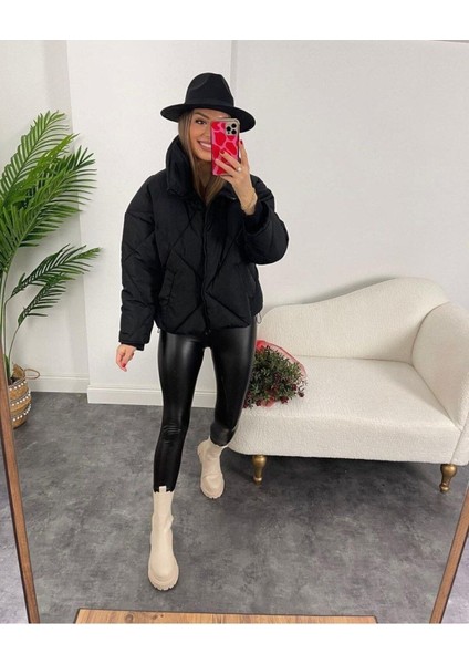 Dik Yaka Baklava Dikiş Desenli Şişme Mont modelleri