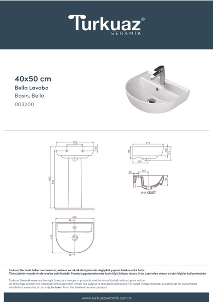 Turkuaz Seramik Bella 40 x 50 cm Lavabo