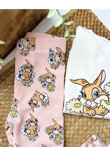 Beyaz Rengi Bunny Baskılı Fitilli Takım