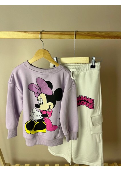 Oversize Sırt Baskılı Minnie Mor Takım