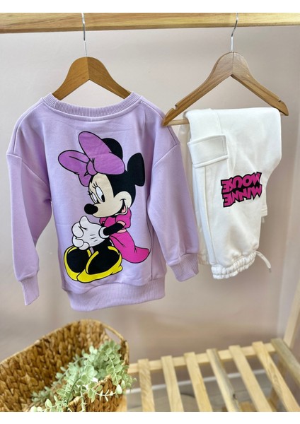 Oversize Sırt Baskılı Minnie Mor Takım