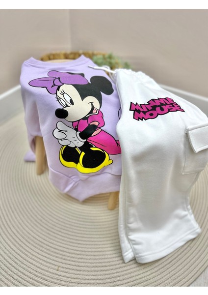 Oversize Sırt Baskılı Minnie Mor Takım