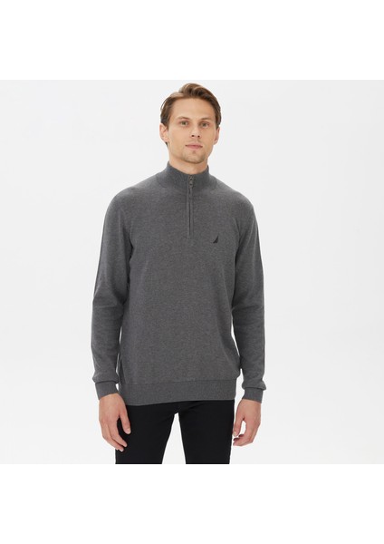 Nautıca Erkek Gri Standart Fıt Dik Yakalı Uzun Kollu Triko S37104T.00E
