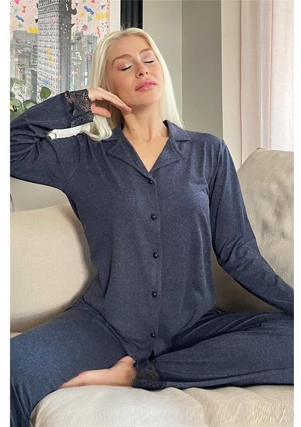 Lacivert Önden Düğmeli Bambu Uzun Kol Pijama Takımı