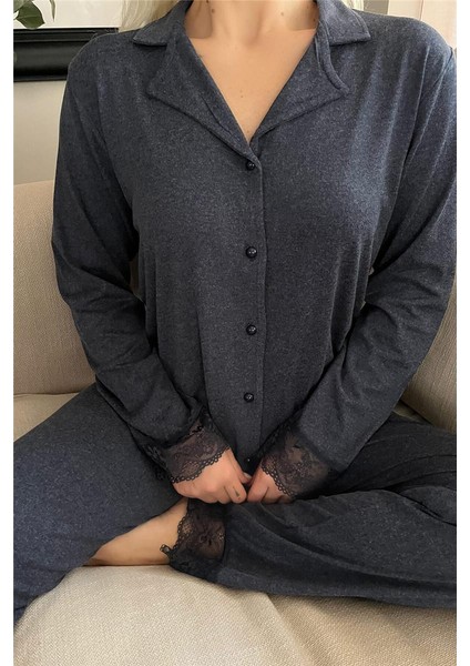 Lacivert Önden Düğmeli Bambu Uzun Kol Pijama Takımı fırsatları