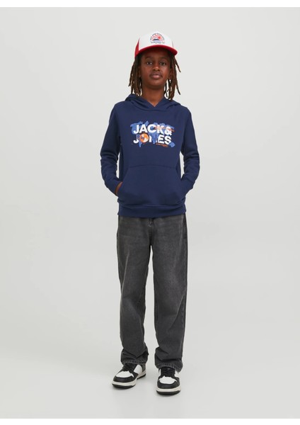 Jack & Jones Lacivert Erkek Çocuk Kapüşonlu Uzun Kollu Baskılı Sweatshirt Jcodust Sweat Hood Sn Jnr