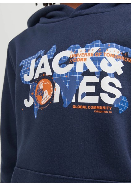 Jack & Jones Lacivert Erkek Çocuk Kapüşonlu Uzun Kollu Baskılı Sweatshirt Jcodust Sweat Hood Sn Jnr