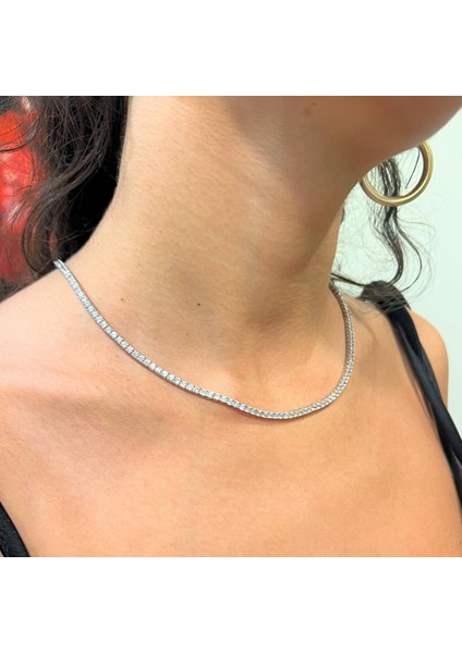 925 Ayar Gümüş 4 mm Zirkon Taşlı Pırlanta Kilitli Dönme Yapmayan Abiye Günlük Kına Düğün Nişan Gelin Su Yolu Kolye Gerdanlık modelleri