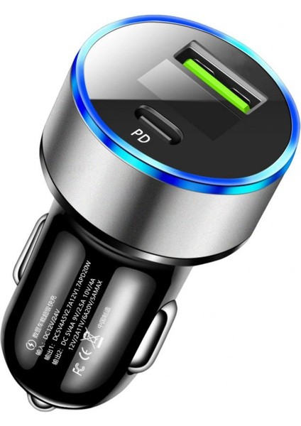 Dijital Ekranlı Araç Şarj Cihazı Hızlı Şarj Çift USB Araç Şarj Adaptörü, Dijital Ekranlı Tak Çalıştır 20W Tip-C Hareket Halindeyken (Yurt Dışından)