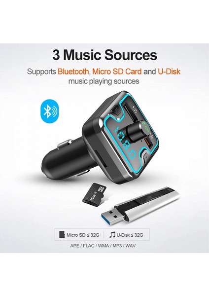 Araba Bluetooth Fm Verici Araç Hızlı Şarj Cihazı Araç Adaptörü Müzik Çalar, Çoklu Renkli Işık, Siyah (Yurt Dışından) modelleri