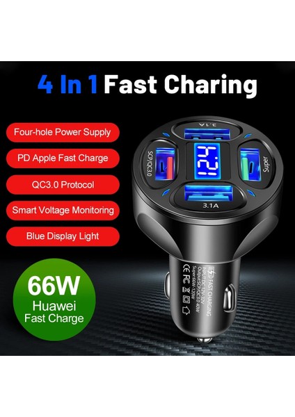 66W USB Araç Şarj Cihazı 4 Port Hızlı Şarj Otomatik Cep Telefonu Şarj Adaptörü Huawei Xiaomi iPhone Qc3.0 (Yurt Dışından) fiyatları