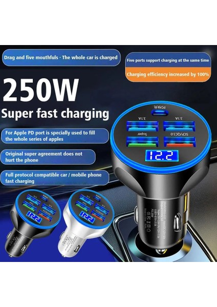 250W LED Araç Şarj Cihazı 5 Port Hızlı Şarj Pd Qc3.0 USB C Araç Telefonu Şarj Cihazı C Tipi Adaptör Arabada Iphone Samsung Huawei F5T7 (Yurt Dışından) fiyatları