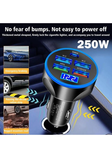 250W LED Araç Şarj Cihazı 5 Port Hızlı Şarj Pd Qc3.0 USB C Araç Telefonu Şarj Cihazı C Tipi Adaptör Arabada Iphone Samsung Huawei F5T7 (Yurt Dışından) modelleri