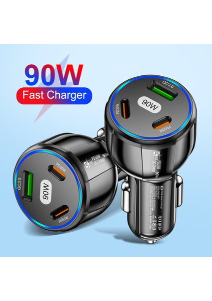 90W LED Araç Şarj Cihazı 3 Port Hızlı Şarj Pd USB C Araç Telefonu Şarj Cihazı Tip C Adaptörü Arabada iphone Samsung Huawei Xiaomi (Yurt Dışından)