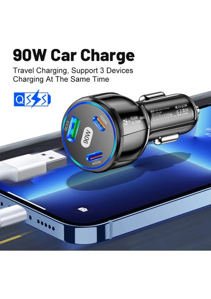 90W LED Araç Şarj Cihazı 3 Port Hızlı Şarj Pd USB C Araç Telefonu Şarj Cihazı Tip C Adaptörü Arabada iphone Samsung Huawei Xiaomi (Yurt Dışından) fiyatları