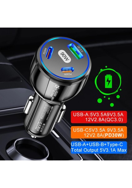 90W LED Araç Şarj Cihazı 3 Port Hızlı Şarj Pd USB C Araç Telefonu Şarj Cihazı Tip C Adaptörü Arabada iphone Samsung Huawei Xiaomi (Yurt Dışından) modelleri
