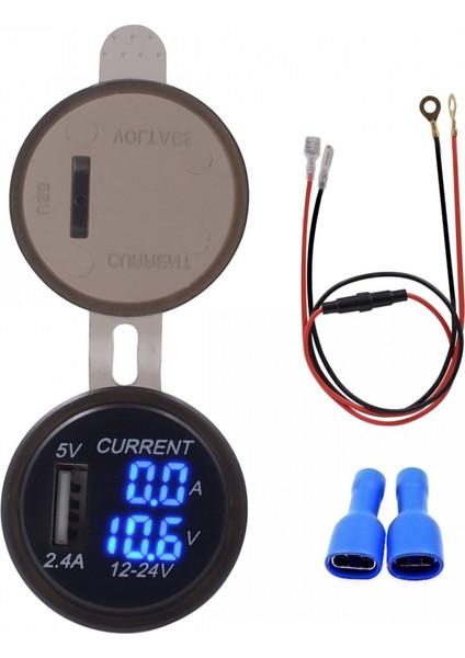 Evrensel Araba Tek Bağlantı Noktalı USB Şarj Güç Çıkışı Adaptörü 2.4A 5 V IP66 LED Dijital Voltmetre + Ampermetre + 60 cm Kablo ile (Yurt Dışından)